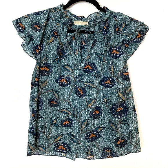 Ulla Johnson Annie Top Womens 2 Cornflower Blue Floral Cotton Blend Blouse Boho - Picture 2 of 15